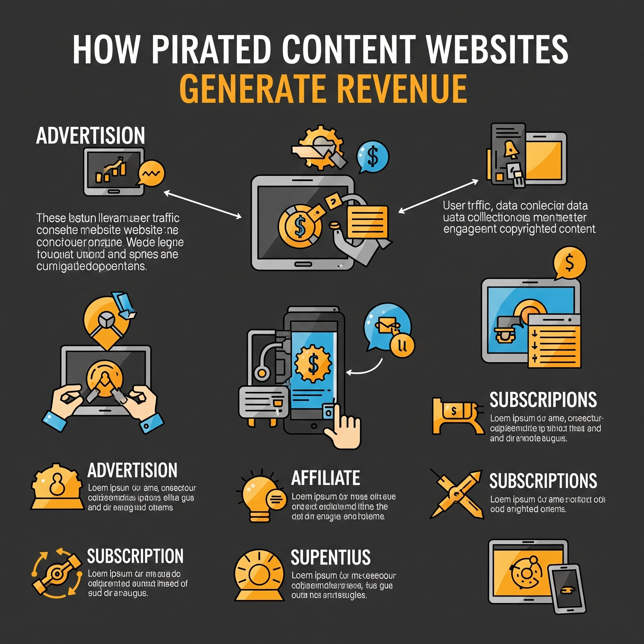 An infographic illustrating how pirated content websites generate revenue through advertising, affiliate marketing, and subscriptions.