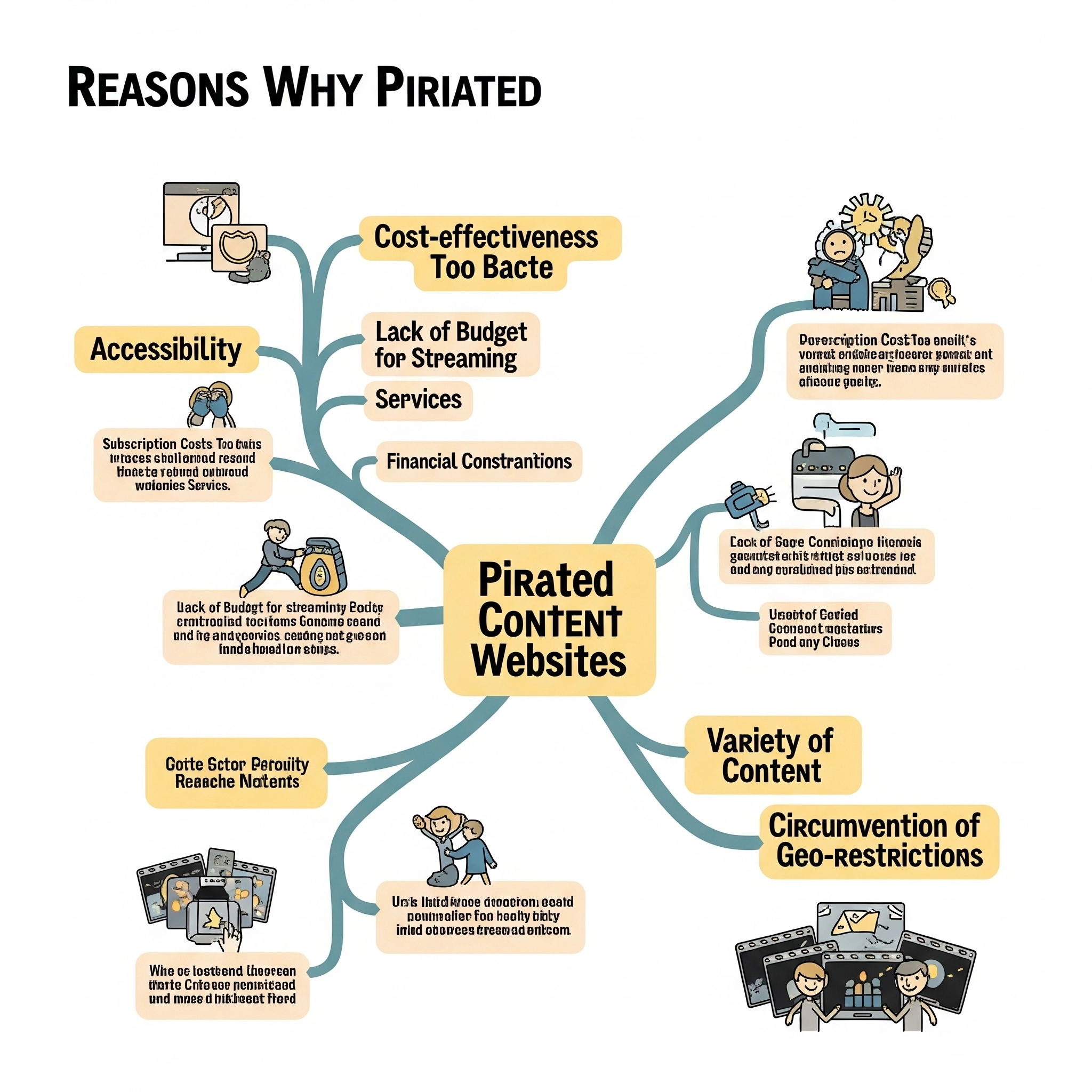 A mind map showcasing the reasons why people visit pirated content websites, including cost-effectiveness, accessibility, variety of content, and circumvention of geo-restrictions.