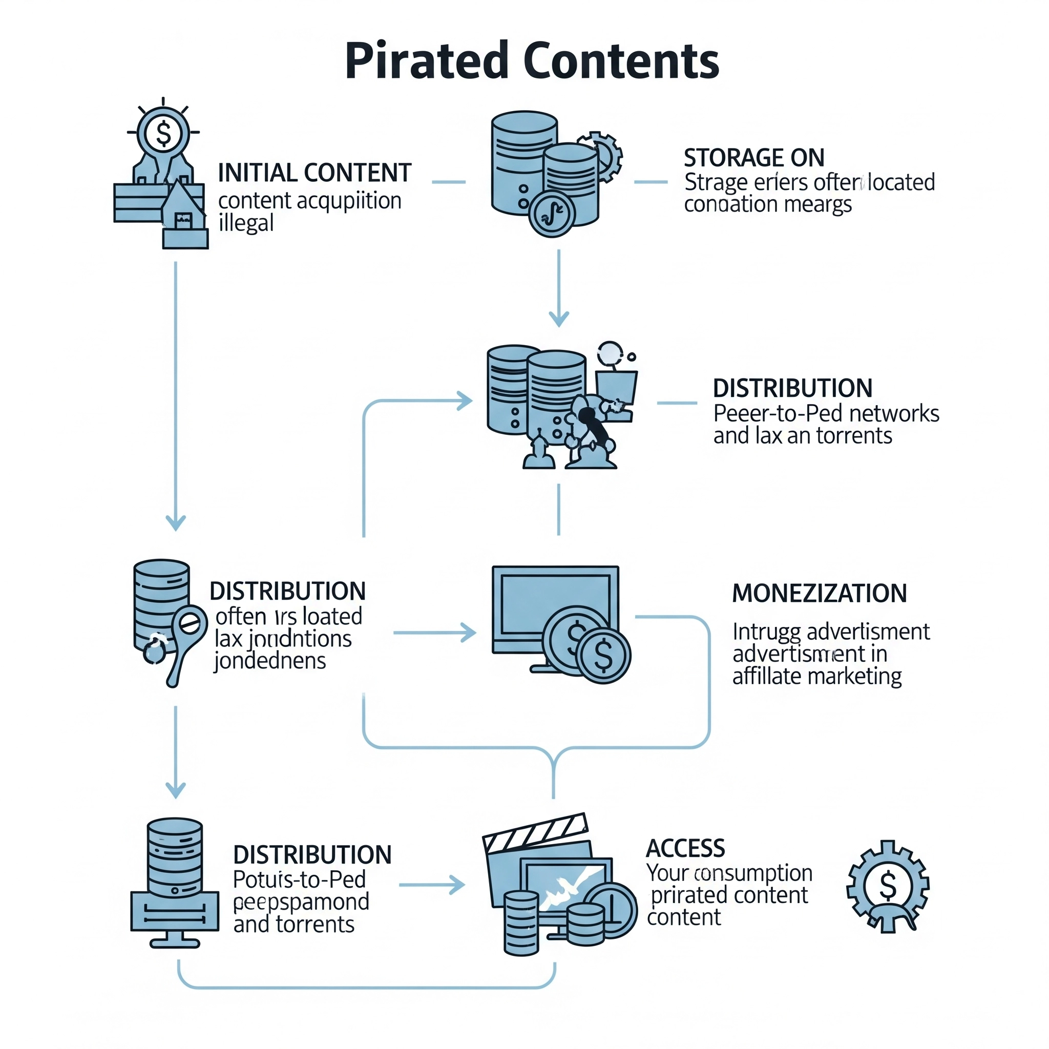 An infographic illustrating the operations behind pirated content websites, from content acquisition to monetization and user access.
