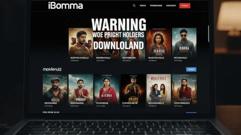 laptop screen displaying a pirated content website like iBomma or Movierulz, showing movie posters and links to download or stream copyrighted films illegally. The image includes a warning message from copyright holders.