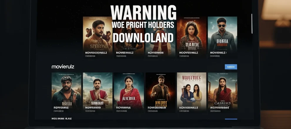 laptop screen displaying a pirated content website like iBomma or Movierulz, showing movie posters and links to download or stream copyrighted films illegally. The image includes a warning message from copyright holders.